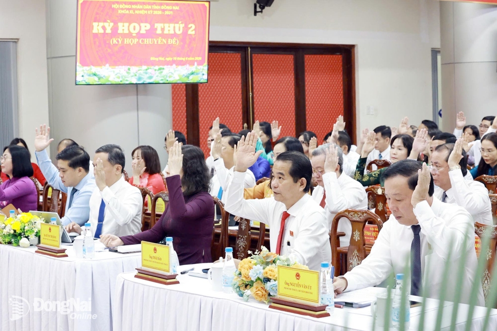 Các đại biểu biểu quyết thông qua chương trình Kỳ họp thứ 2, HĐND tỉnh khóa XI. Ảnh: Công Nghĩa.