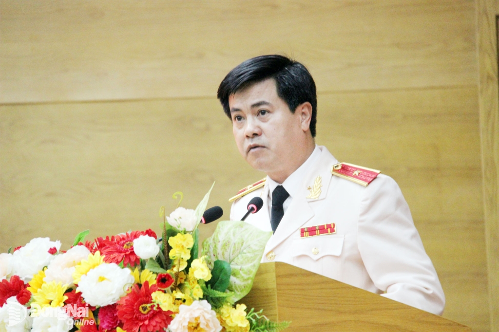 Thiếu tướng Nguyễn Đức Hải, Ủy viên Ban Thường vụ Thành ủy, Giám đốc Công an thành phố Đồng Nai phát biểu tại buổi lễ. Ảnh: Trần Danh