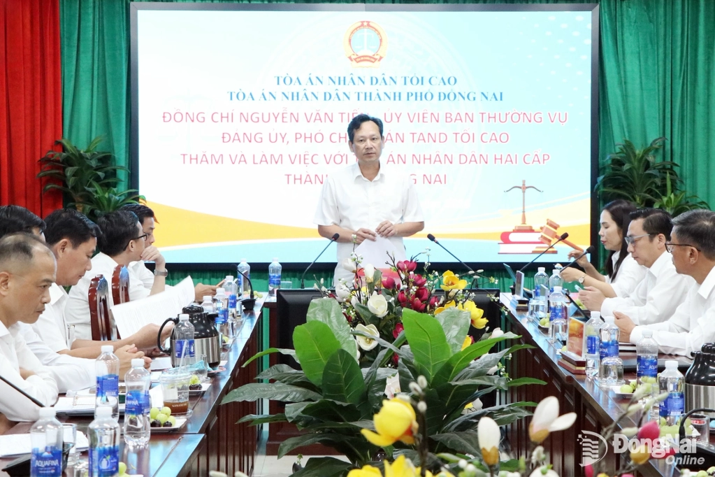 Đồng chí Nguyễn Văn Tiến, Ủy viên Ban Thường vụ Đảng ủy, Phó Chánh án Tòa án nhân dân tối cao chỉ đạo tại buổi làm việc. Ảnh: Tố Tâm